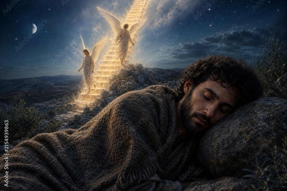 Fototapeta premium Sleeping man beneath a starry sky as angels ascend a glowing staircase toward heaven. Spiritual vision of faith, divine guidance, dreams, death, and biblical symbolism.