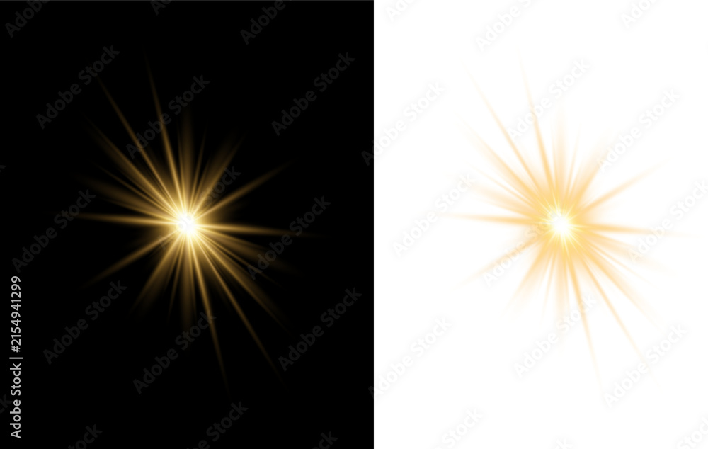 Fototapeta premium Golden light starburst flare effect on black and transparent background