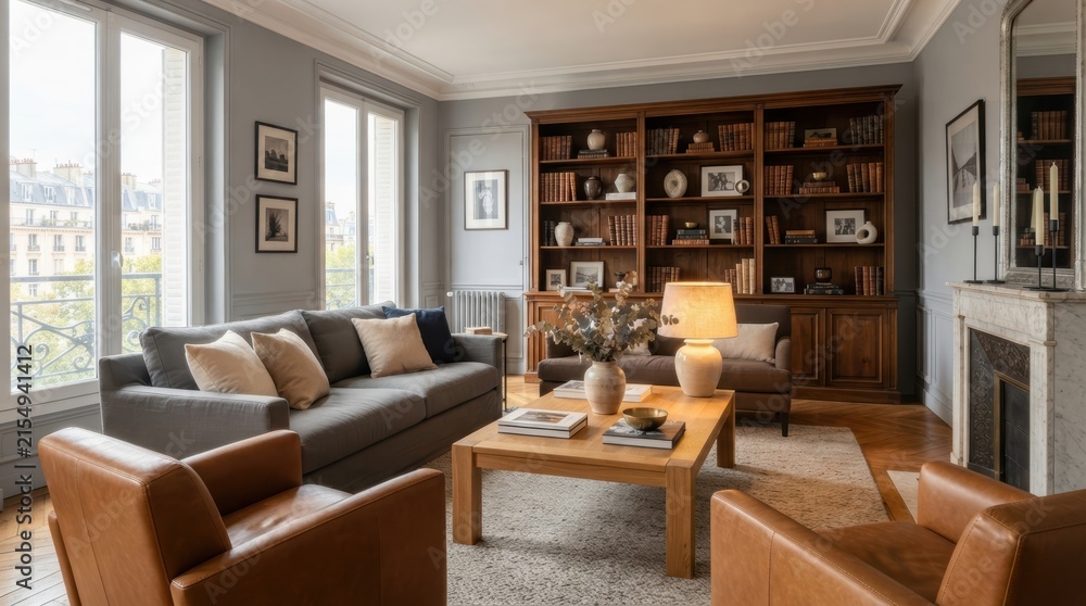 Fototapeta premium Elegant living room with a large bookshelf and comfortable seating