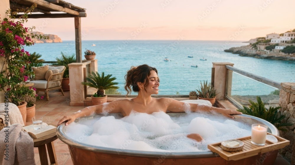 Fototapeta premium Woman enjoying a relaxing bubble bath on a balcony overlooking the sea at sunset