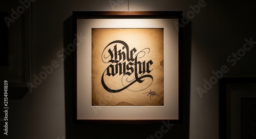 Elegant Gothic Calligraphy Art Piece Displayed In A Gallery