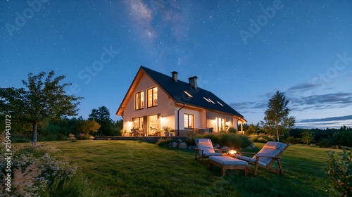 Cozy cottage glows under starry night sky. Warm lights frame inviting windows and porch