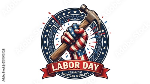 Labor Day USA Flag Hand Holding Hammer Badge Illustration for American Worker Celebration Holiday Banner Web Graphic