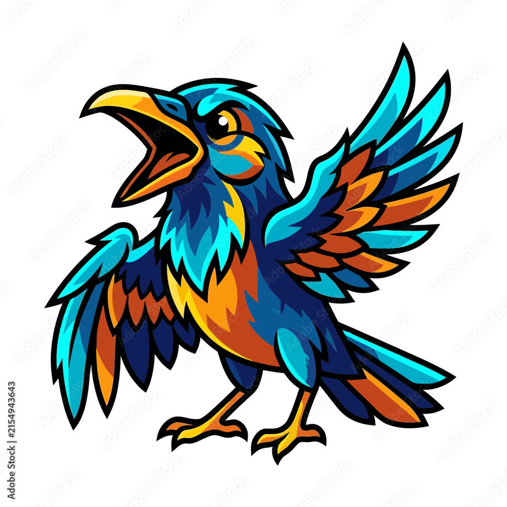 Fototapeta premium Dynamic blue and orange bird mascot illustration with open wings