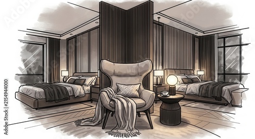 Elegant Hotel Room Design Sketch With Twin Beds And Armchair