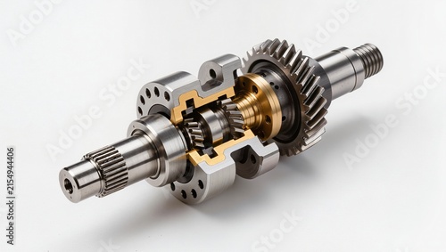 Industrial gear assembly with steel and brass components, shafts and cutaway mechanical housing