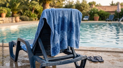 Blue towel draped over poolside lounge chair on sunny patio near shimmering water