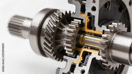 Cutaway gearbox mechanism with interlocking steel gears, shafts and internal mechanical components
