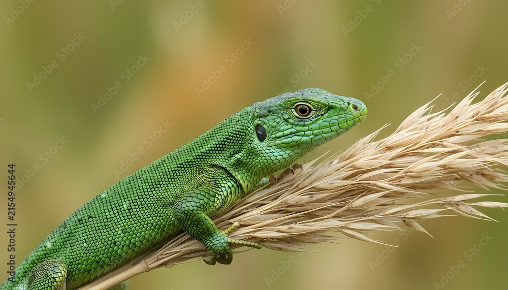 Fototapeta premium A vibrant green lizard rests calmly upon a dry wheat stalk in the wild meadow during the sunny afternoon hours while blending into the surrounding natural environment of the peaceful countryside