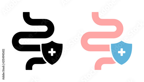 Gut Health Protection: Stylized icons representing the human digestive system, protected by a shield with a cross symbol, signifying health and medical care.