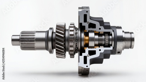 Cutaway gearbox showing internal gears, shaft, bearing and precision mechanical housing