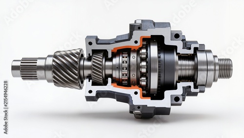 Cutaway gearbox showing helical gears, bearings, shaft and precision internal mechanical components