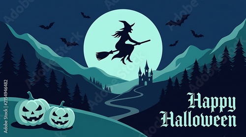 A spooky halloween scene with a silhouette of a witch flying in front of a full moon and jack o lanterns