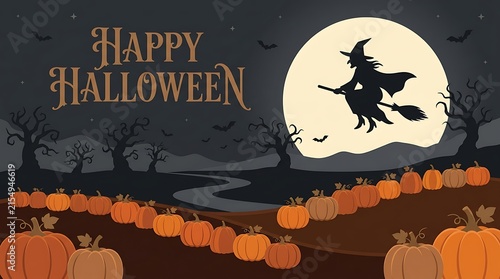 Festive halloween scene with a silhouetted witch flying in front of a full moon and pumpkin patch