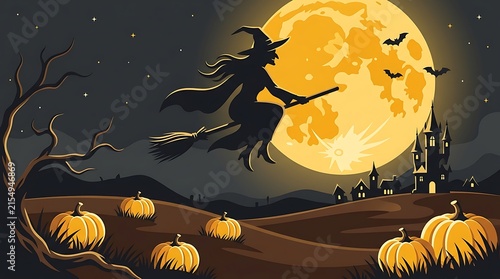 A silhouetted witch flies across a bright full moon with pumpkins and a spooky haunted house below