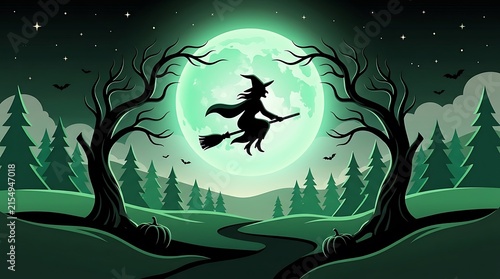 A silhouetted witch flies on a broomstick beneath a full moon in a spooky forest landscape at night