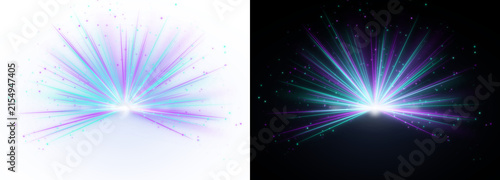 A vibrant burst of radiating light streaks with sparkling particles appears on transparent background radiance sparkle glow illumination emission streak particle spectrum shimmer glitter