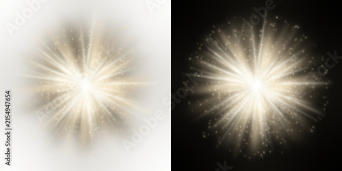 Radiant starbursts with glittering particles create a luminous effect on transparent background sparkle glimmer radiance illumination shimmer glow burst star light particle vector graphic