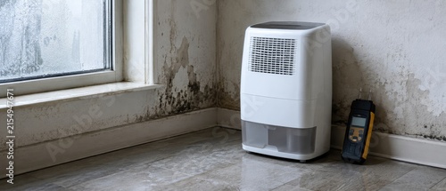 Portable dehumidifier and moisture meter combatting mold growth in a damp apartment