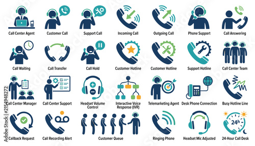 Photography Set of call center and customer service icons, including phone support, call tra