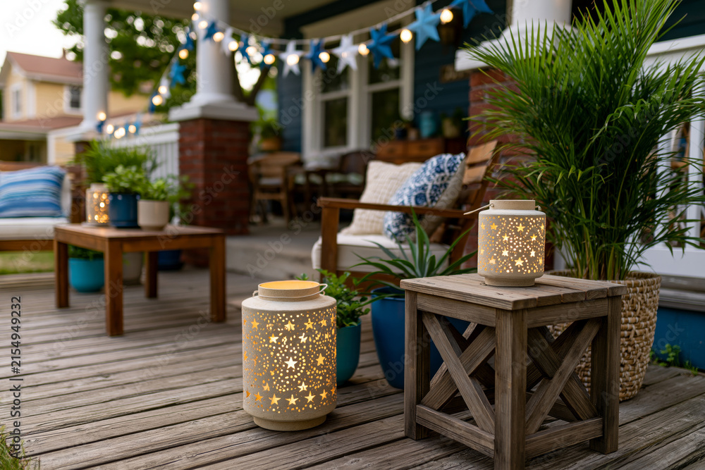 Obraz premium Festive Juneteenth yard sale setup featuring decorative lanterns, potted plants and secondhand furniture, suburban front porch, realistic lifestyle atmosphere, perfect for modern design, travel, or