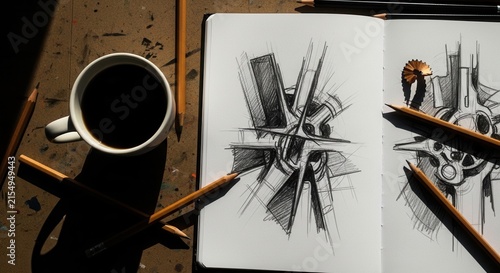 Creative Drafting Session With Coffee And Pencils For Mechanical Designs