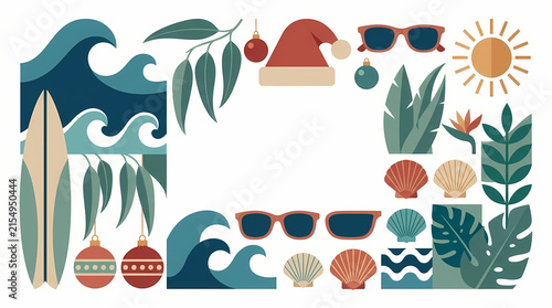 A colorful illustration of summer and Christmas elements combined in a festive border design Australian Christmas