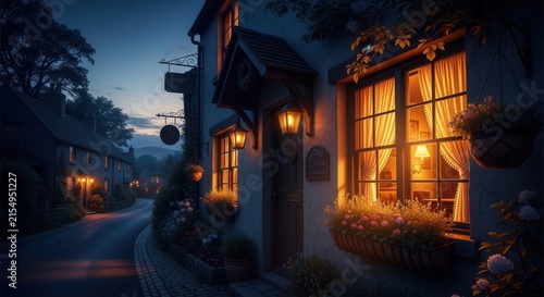 Cozy Village Inn At Twilight With Warm Glowing Windows