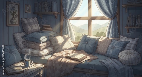 Cozy Window Seat Reading Nook With A Beautiful Scenic Mountain View