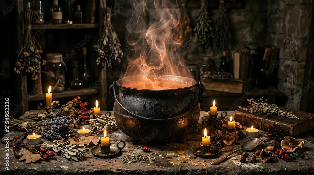 Fototapeta premium Witchcraft cauldron brewing magic potion during a spooky holi day