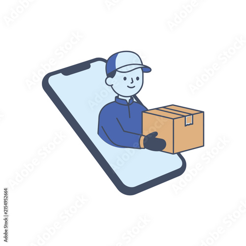 A friendly delivery person wearing a cap and uniform emerging from a smartphone screen while holding a cardboard package for online shipping service concept