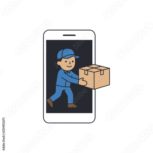 A friendly delivery man in a blue uniform holding a cardboard box coming out of a smartphone screen representing fast online order shipping services