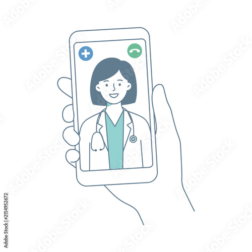 A hand holding a smartphone displaying a video call with a friendly female doctor wearing a stethoscope in a simple flat line art style illustration