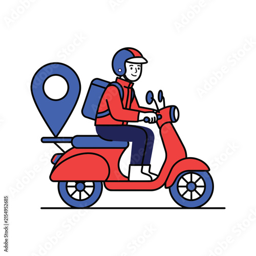 A friendly delivery courier riding a red scooter with a backpack and a large location pin icon representing fast food or parcel shipping services