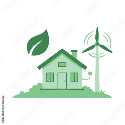A green eco friendly house illustration with a wind turbine and a leaf symbol representing sustainable living and renewable energy concepts for modern homes