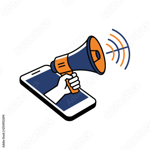 A hand emerging from a smartphone screen holding a megaphone to represent digital marketing mobile advertising communication social media promotion and online brand awareness campaigns