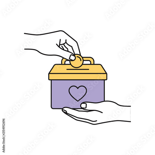 A hand placing a coin into a charity donation box held by another hand featuring a heart symbol representing kindness and social support concepts