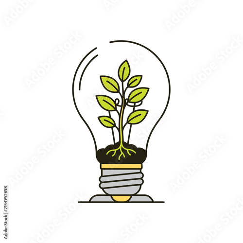 A creative illustration of a green plant growing inside a glass light bulb representing sustainable energy innovation and environmental friendly green technology solutions concept