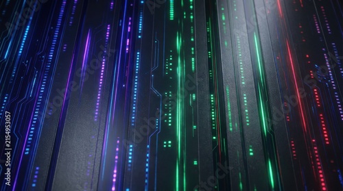 Abstract digital circuit board with vertical neon light streams in blue and green