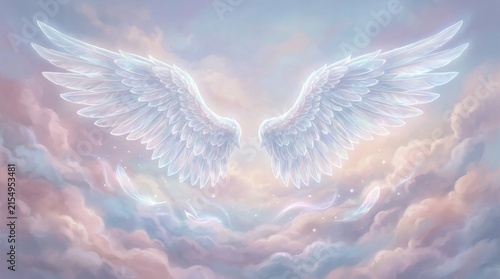 Luminous angel wings spread wide above a pastel cloudscape