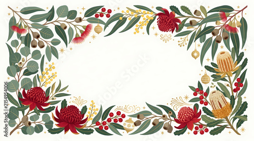 A beautiful floral wreath with red flowers and green leaves on a white background Australian Christmas