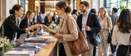 Conference attendees receive badges at registration desk, smiling and interacting