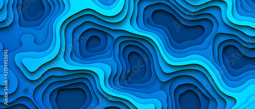 Abstract paper cuts with accurate topography soft and rounded forms and flat shading in a goosepunk style in cyan and blue colors representing a topographical map with copy space