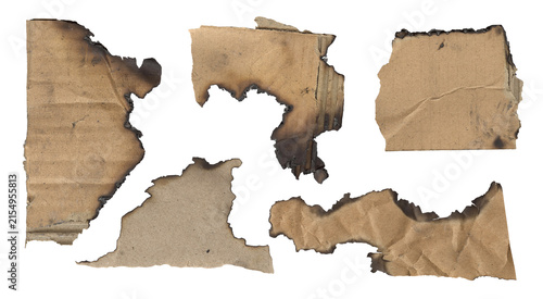 Collection of five torn and burnt cardboard pieces with jagged edges isolated on a transparent background transparent background
