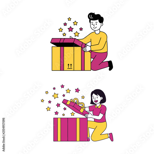 A happy man and a happy woman kneeling on the floor while excitedly opening large colorful gift boxes with magical stars flying out inside