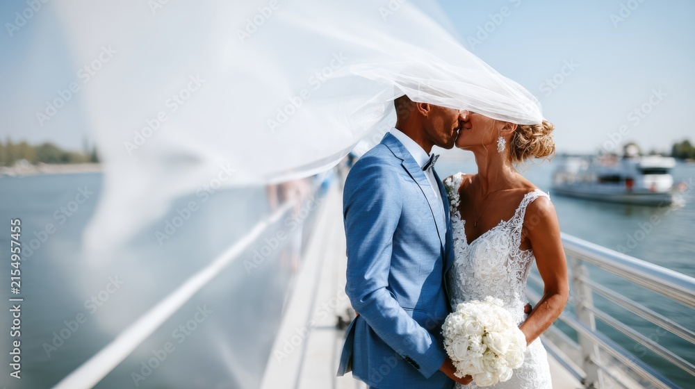 Naklejka premium A Beautiful Wedding Couple Embracing Each Other on the Scenic Waterfront at Sunset with a Flowing Veil