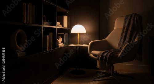 Cozy Reading Nook With Soft Lamp Light And Bookshelf