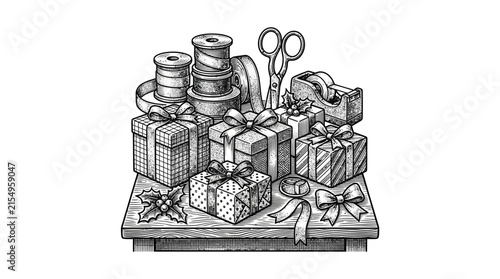 Christmas gift wrapping station with ribbons and boxes