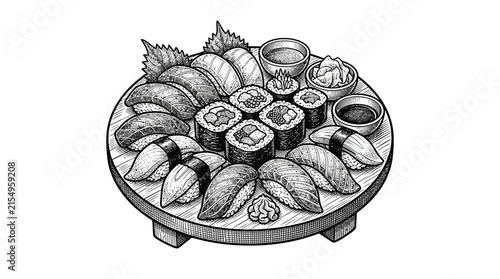 Detailed sushi platter engraving with rolls and nigiri.