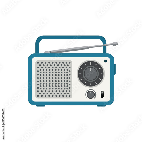 Blue and white vintage style portable transistor radio illustration for retro music and news broadcast communication